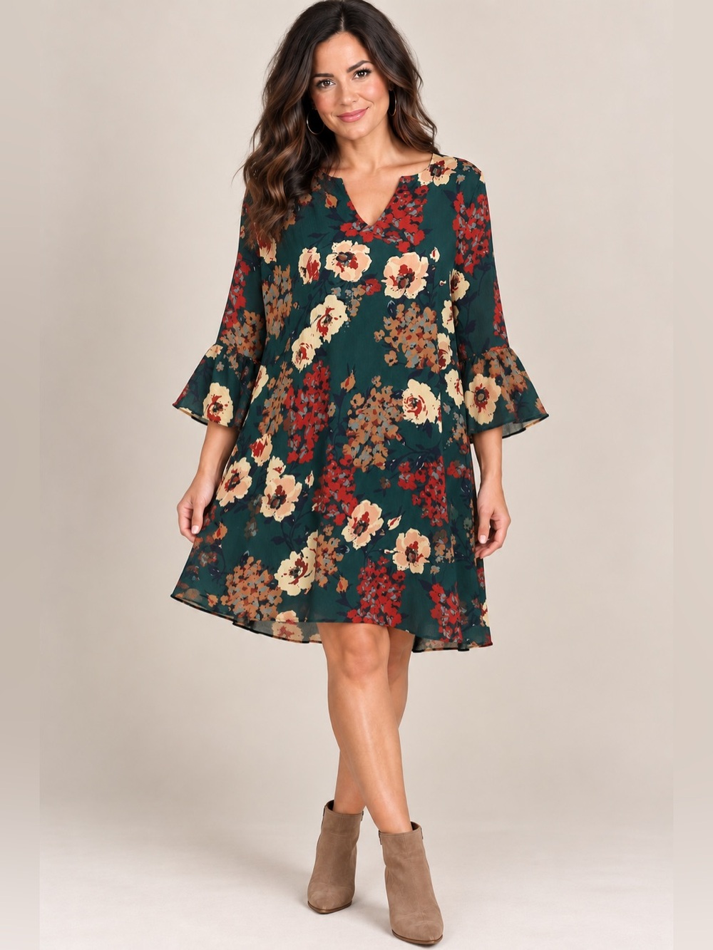 Umgee XL Floral Bell Sleeve Swing Dress Green Boho V-Neck
